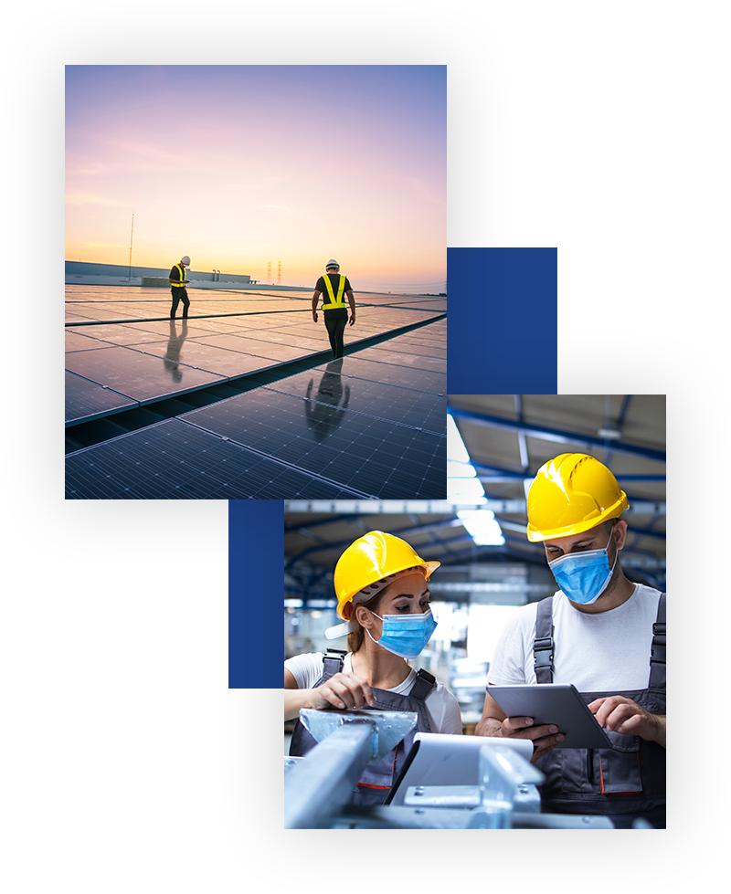 Insieme di immagini di operai durante il lavoro