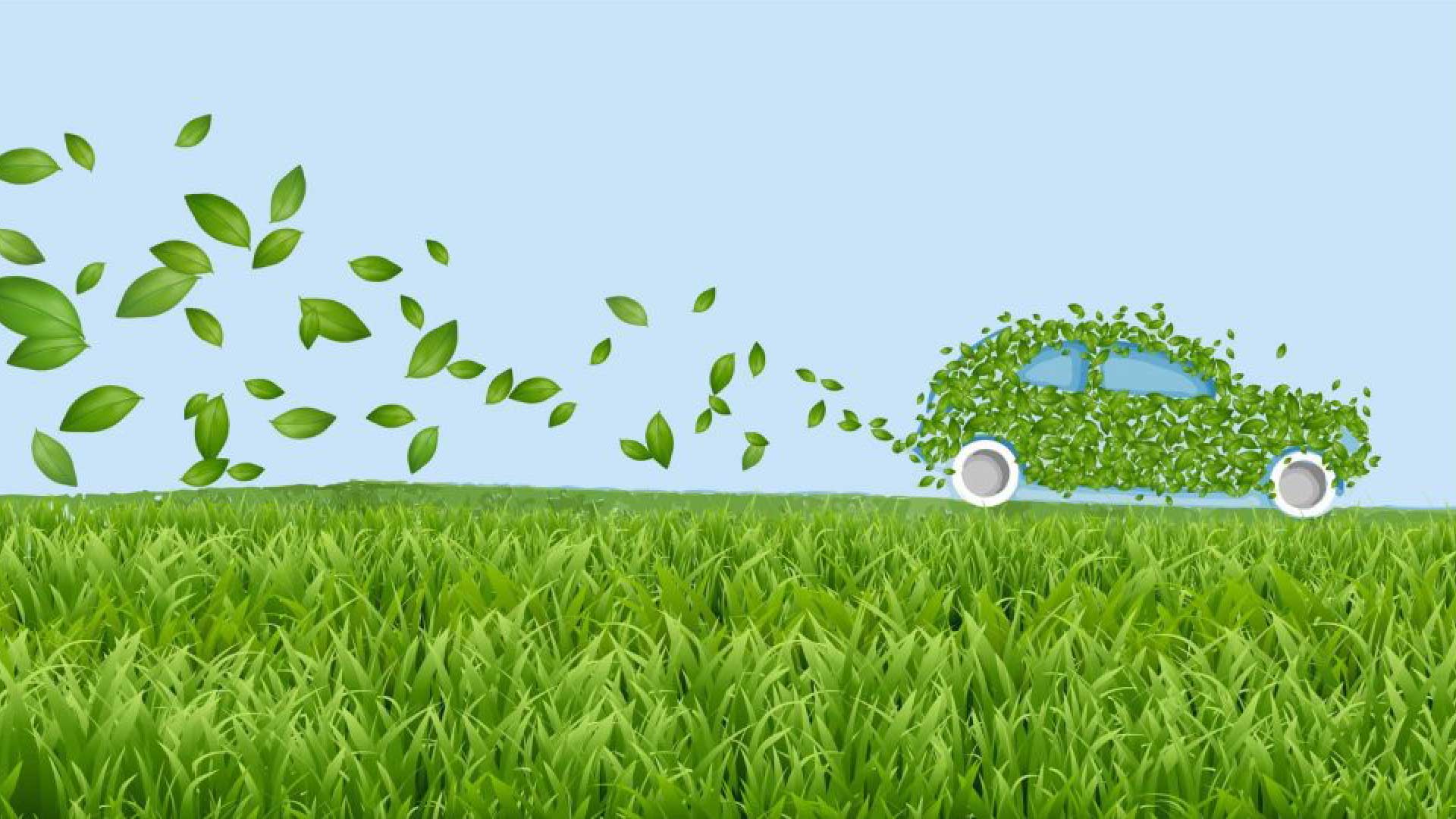 Auto fatta di foglie che cammina su prato emettendo foglie dalla marmitta